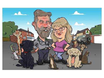 Pet and owner birthday caricature